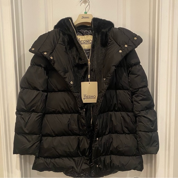 Herno Sateen Faux-Fur Down Puffer Coat